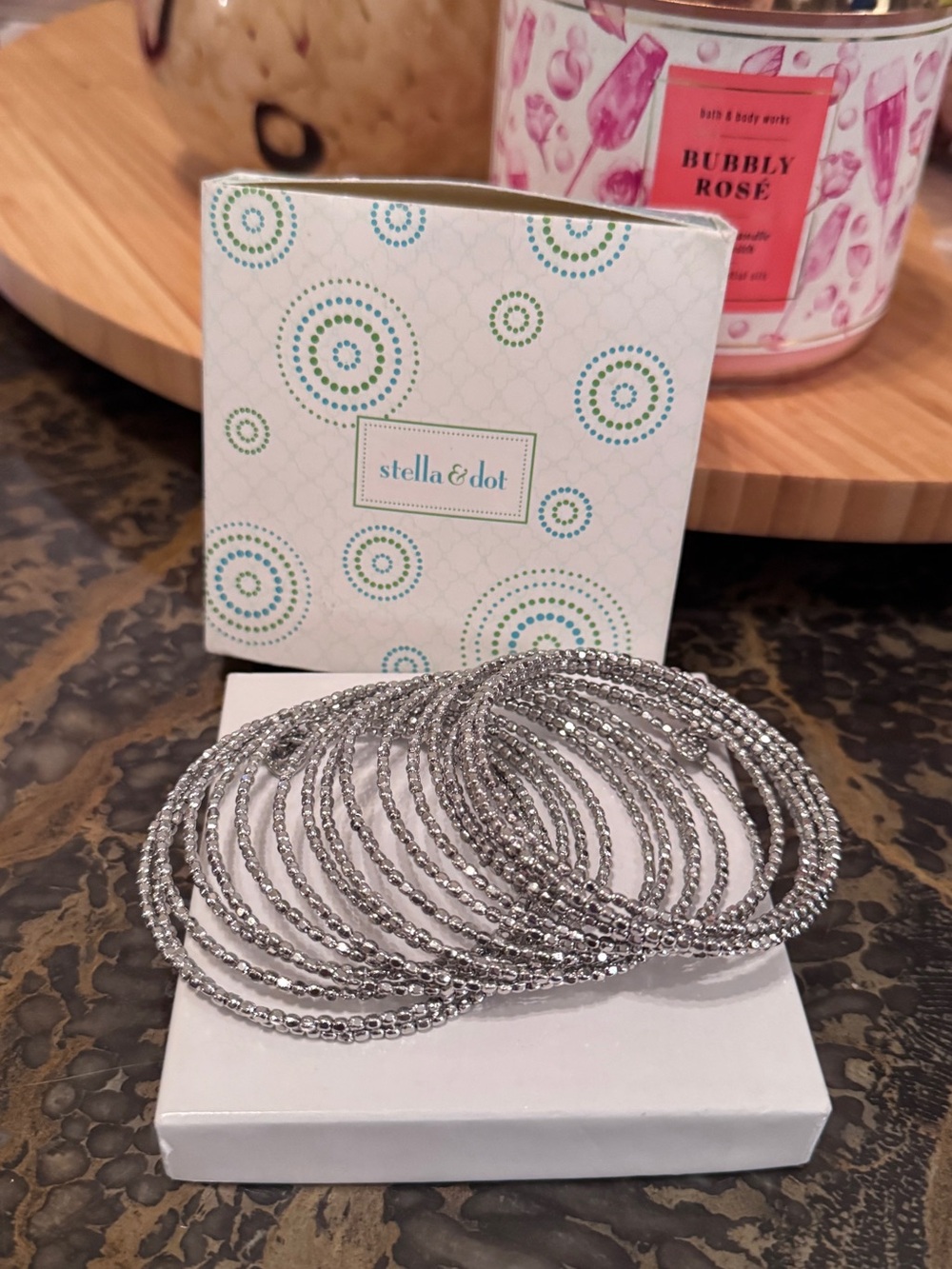 Stella & Dot, Bardot Silver Spiral Bangle Bracelet, New with Original Box